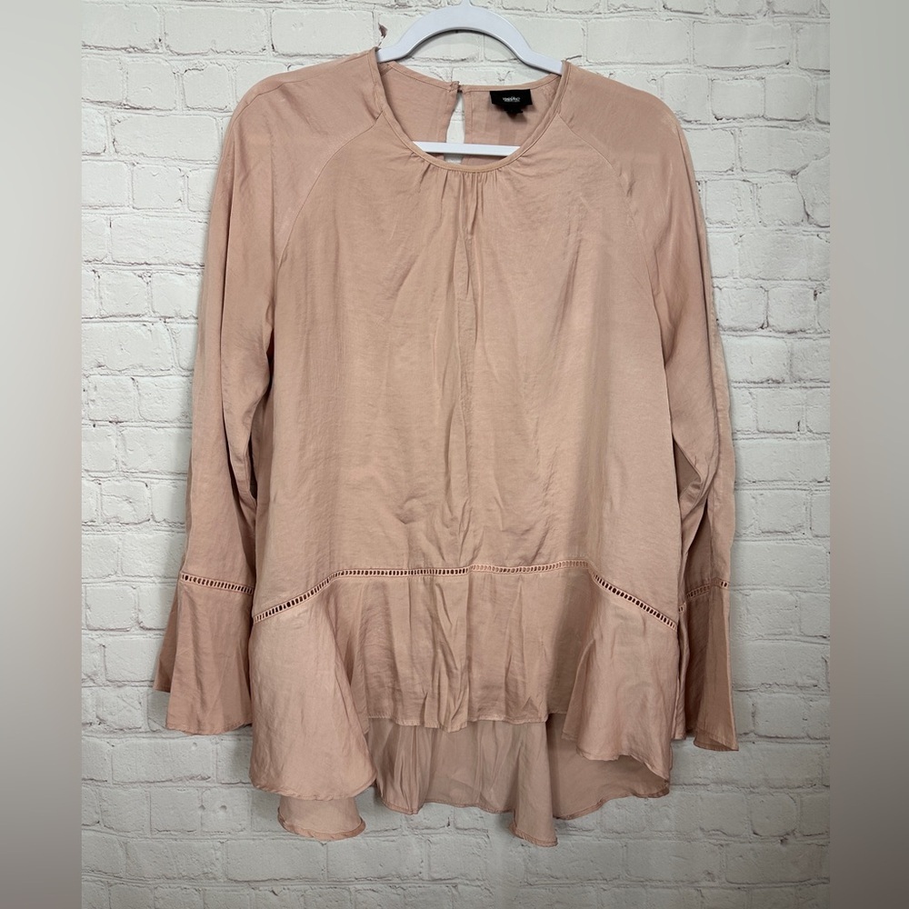 Mossimo Womens pink Pleated Hi Low Hem Peasant long sleeve‎ Blouse Top Size L